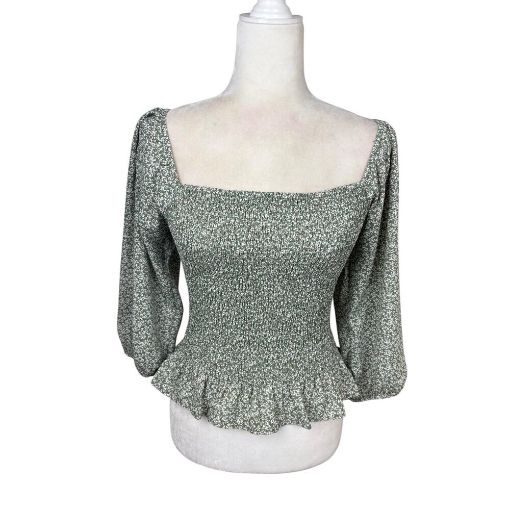 Paper Crane Top Women's Size Small Green Floral Smocked Peasant Boho Y2K - Picture 4 of 13